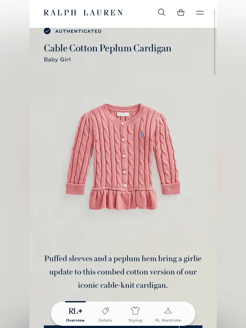 Ralph Lauren Pink Cable-Knit Peplum Cardigan